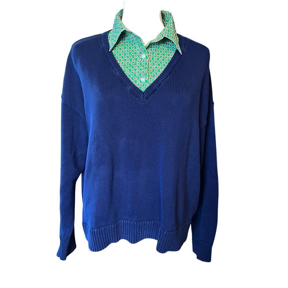 Lauren Ralph Lauren Black Label Layered V Neck Sweater. Navy/Green Size Large
